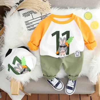 2023 Корейский Весенний Детский Комплект одежды для мальчиков из 2 предметов с Мультяшным Кроликом, толстовка с длинным рукавом, Повседневные брюки, костюм для младенцев, Одежда для мальчиков