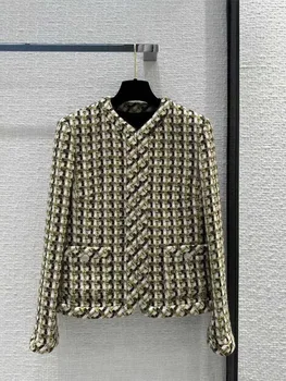 2023 Новый женский повседневный удобный модный классический винтажный твидовый пиджак в клетку с V-образным вырезом