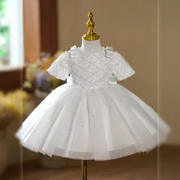 2024 Детское вечернее платье для девочек, детские платья с цветами для свадеб, детская элегантная белая одежда для крещения, одежда для крещения