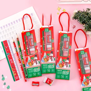 5 шт./компл. Рождественский набор канцелярских принадлежностей Линейка для карандашей, ластик, точилка, милый набор карандашей, портативная подарочная коробка для канцелярских принадлежностей