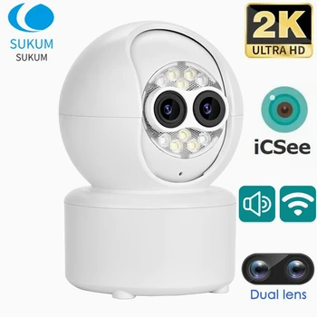 iCSee 4-мегапиксельная мини-камера для помещений с двумя объективами, защита безопасности умного дома, цветная камера ночного видения, 2K Беспроводная WIFI камера видеонаблюдения