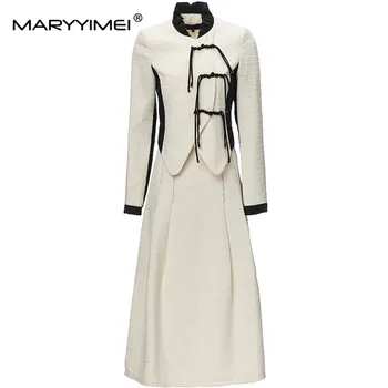 MARYYIMEI Взлетно-посадочная полоса, Модный дизайнерский женский твидовый жакет с воротником-стойкой, Топы + юбка Миди 