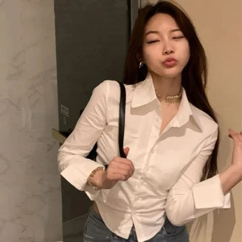 MEXZT, белые рубашки, женские Корейские модные облегающие топы с длинным рукавом, офисные женские однотонные повседневные блузки с отложным воротником и пуговицами.