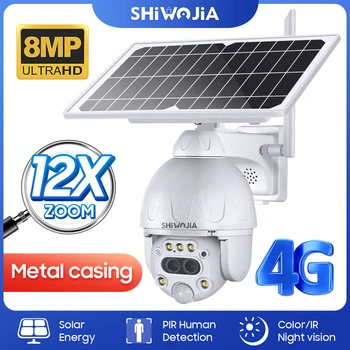 SHIWOJIA 4K 8MP Солнечная Камера 360 ° PTZ 12X Zoom 4G SIM /WIFI Наружная Камера Безопасности Humanoid Tracking Security Surveillance