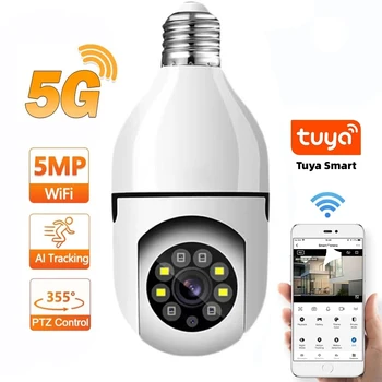 Tuya 5G WiFi Лампочка Камера 5MP 3MP Безопасность В помещении Двухстороннее Аудио Автоматическое Отслеживание Человека Красочное Ночное Видение E27 База Мини PT Камера