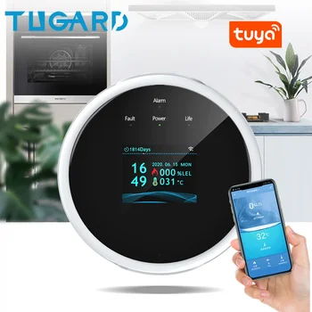 Wifi Датчик природного газа Tuya Smart Alarm Детектор утечки газа Пожарной безопасности Цифровой ЖК-дисплей температуры для домашней кухни