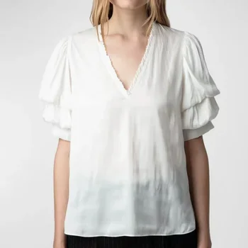 Zadigant 2024, Весенний новый женский белый топ с глубоким V-образным вырезом, двухслойная блузка с рукавами-фонариками