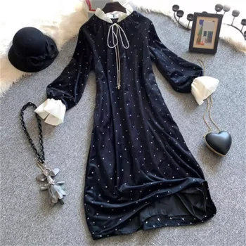 Бархатное платье с винтажной вышивкой, v-образный вырез, свободное платье с вышивкой, женское платье