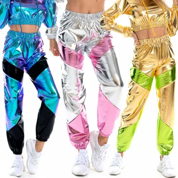 Блестящие металлические танцевальные брюки, брюки в стиле хип-хоп, женская уличная одежда, эластичный пояс, Прямые Свободные брюки в стиле пэчворк с карманом, спортивные штаны