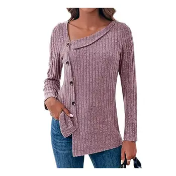 Блузка с наклонным воротником, женский топ, Элегантная женская блузка-свитер с однобортными пуговицами неправильной формы, длинная для осени