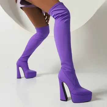 Большие размеры 34-45, Фиолетово-синие Пикантные Носки для Стриптиза С острым носком, Каблуки Выше колен, Женские Эластичные Носки Из Спандекса, Сапоги выше колена