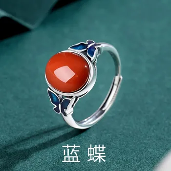 Винтажный китайский стиль S925, Серебряная эмалевая Голубая бабочка в сочетании с Южным красным агатом, Открытое кольцо для женщин, ювелирные изделия, подарок матери