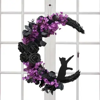 Дверные венки в форме луны, настенные декоры с черными кошками, гирлянда для Хэллоуина, имитация осени, Аксессуар для украшения фиолетового цветочного венка
