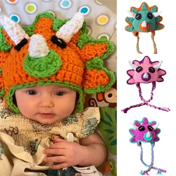 Детская Вязаная Шапочка-Бини, стильный Динозавр, Мультяшный динозавр на Хэллоуин, Широкополая шляпа, шляпы для вечеринок,