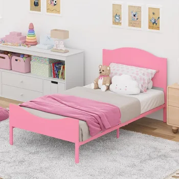 Детская двуспальная кровать с деревянным изголовьем и спинкой, металлический каркас кровати, подходит для детей и подростков, детская кровать