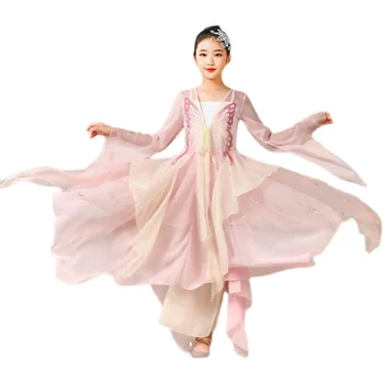 Детский костюм для классического танца в китайском стиле, костюм для представления девочек, танец с зонтиком и веером, национальный костюм для представления hanfu
