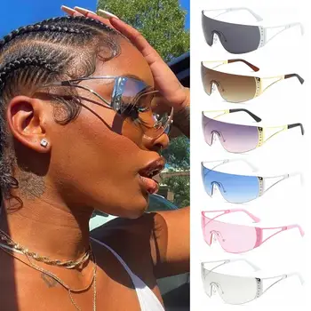 Женские Мужские бескаркасные футуристические солнцезащитные очки с плоским верхом, обтягивающие солнцезащитные очки Y2K, солнцезащитные очки