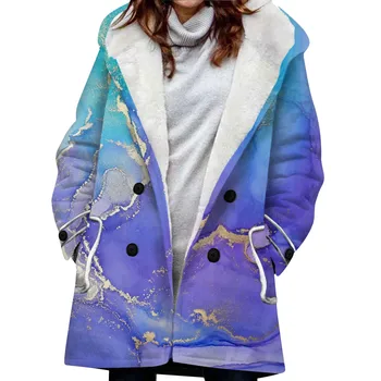 Женские пальто на плюшевой подкладке с градиентным принтом в стиле ретро, Куртки с капюшоном со свободными лацканами, Зимнее теплое пальто на пуговицах с карманами Chaquetas