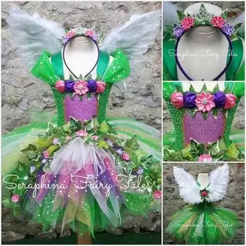 Зеленое платье принцессы для девочек, детский костюм эльфа, феи с повязкой на голову, комплекты крыльев Ангела, детская праздничная одежда для косплея на Хэллоуин от 0 до 9 лет