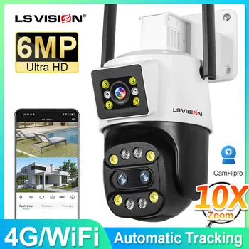 Камеры LS VISION 4G с двумя экранами Беспроводные наружные 6-мегапиксельные Wi-Fi PTZ 10-кратный зум с тремя объективами для автоматического слежения за человеком Система видеонаблюдения Камера P2P 