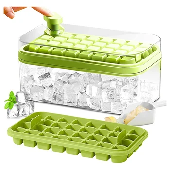 Квадратный лоток для льда с крышкой и бункером, 2 квадратных лотка для льда в упаковке для морозильной камеры, 64 шт. Форма для льда в форме квадрата (зеленая)
