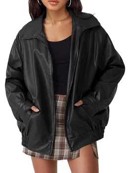 Кожаная куртка для женщин 2023, осенняя куртка-бомбер из искусственной замши оверсайз 90-х, эстетичное мотоциклетное байкерское пальто большого размера