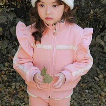 Комплект детской одежды 2023 Зима, кашемировая толстовка с капюшоном в корейском стиле, повседневное пальто, повседневные спортивные штаны из вертикального флиса, комплект из двух предметов
