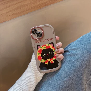 Корпус Совместим с iPhone 15 14 13 12 11 15 Pro Max lovely Black Cat Чехол Для Телефона Ультраударопрочный Мягкий Чехол Защитный Чехол