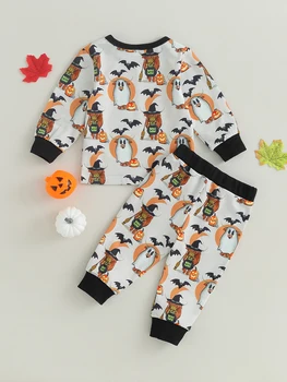 Костюм на Хэллоуин для маленьких мальчиков и девочек, толстовка с длинными рукавами и штанами с принтом тыквы и летучей мыши, осенний наряд для малышей, одежда из 2 предметов