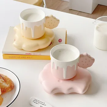 Креативная керамическая кружка для печенья, кофе и блюдце высокого качества, милая кружка для молока для завтрака, домашний офис для девочек