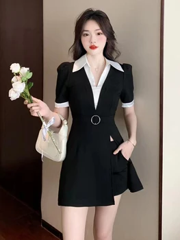 Летняя модная черная официальная одежда из 2 предметов, элегантные офисные женские шикарные топы с коротким рукавом, рубашка, блузка, шорты, Mujer Slim Set