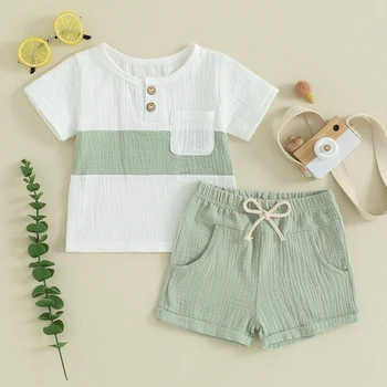 Летняя одежда для маленьких мальчиков Mama s sunshine, муслиновые топы контрастного цвета с коротким рукавом, однотонные шорты, комплекты одежды