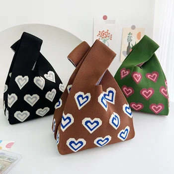 Модная вязаная сумка-тоут в форме сердца в японском стиле, женская сумочка в стиле ретро, дизайнерская женская тканая сумочка для покупок, дорожная сумка