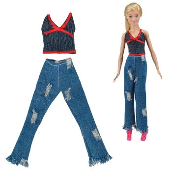 Модные наряды для куклы Барби, черный красный топ, жилет и джинсовые брюки, одежда ручной работы для кукольного домика Барби, аксессуары 1/6.