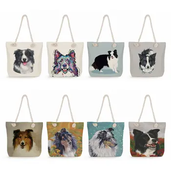 Модные Популярные многоразовые сумки для покупок для женщин, акварельная сумка-тоут с принтом собаки Колли, большие вместительные милые сумки через плечо