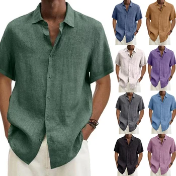 Мужская рубашка из хлопка и конопли S-5XL 9 цветов, удобные дышащие повседневные топы с коротким рукавом, Повседневная одежда для работы, путешествий, пляжных вечеринок