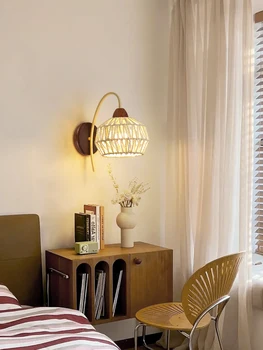Настенный светильник из ротанга в скандинавском и японском стиле, ретро Лампа из орехового дерева, Простая атмосфера, Коридор, Проход, Прикроватная светодиодная лампа для спальни