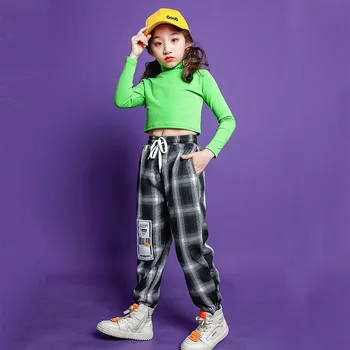 Новая крутая одежда для танцев в стиле хип-хоп для девочек, зеленый топ с длинным рукавом, спортивные штаны с завязками в клетку, одежда для уличных танцев от 4 до 16 лет