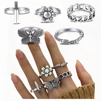 Новое кольцо, набор из 5 предметов, креативная цепочка с сердечком для секса, форма кольца для соединения кинжалов, винтажные Элегантные простые кольца Ulzzang Y2k, минималистичные 5G