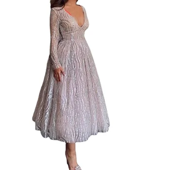 Новое поступление, короткие вечерние платья с V-образным вырезом и длинным рукавом, 2023, кружевное вечернее платье с блестками, вечернее платье robe de soiree, вечернее платье