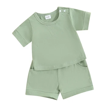 Одежда Для маленьких мальчиков, летняя рубашка контрастного цвета с коротким рукавом, топ, однотонные шорты с завязками, комплект