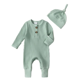 Одежда для маленьких мальчиков из 2 предметов, однотонный комбинезон в рубчик с длинными рукавами, комбинезон со шляпой для новорожденных, осенняя одежда для малышей