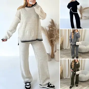 Осенне-зимний женский вязаный свитер, комплект широких брюк, раздельный пуловер, топы, Эластичные прямые брюки, комплект из двух предметов, спортивные костюмы для отдыха