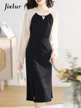 Осеннее тонкое женское платье Jielur нового контрастного цвета, Милое женское элегантное повседневное платье, женское черное платье трапециевидной формы с V-образным вырезом и длинными рукавами