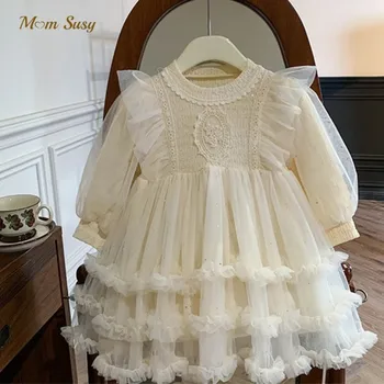 Платье-пачка принцессы для маленьких девочек с длинным рукавом, кружевное платье с рюшами, винтажное платье, весенне-осенняя праздничная одежда для малышей от 1 до 7 лет