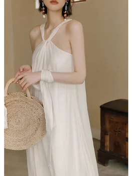 Платье с белым ремешком на шее, женская летняя пляжная юбка высокого класса, длинное платье French Tencel для пляжного отдыха