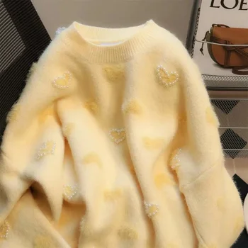 Пуловер с круглым вырезом из бисера Love Heart, Женские зимние свитера с длинным рукавом, Повседневные вязаные топы, Корейский модный Свободный студенческий свитер E39