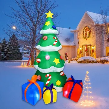 Рождественская Надувная Елка, Взорванный Воздухом Санта-Клаус, Взбирающийся На Дерево, Преследуемый Щенком, Освещенный для Украшения Газона на Открытом воздухе Двора