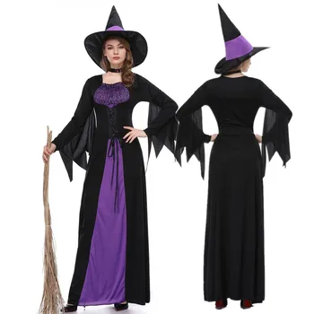 Сексуальная Леди, Страшное Фиолетовое Платье Ведьмы со Шляпами, Волшебник, Вампир, Маскарадная Вечеринка для Взрослых Женщин, Косплей, Костюм на Хэллоуин