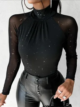 Сексуальный черный облегающий топ, осень-зима, с длинным рукавом и круглым вырезом, Сетчатые кружевные блузки в стиле пэчворк для женщин 2024